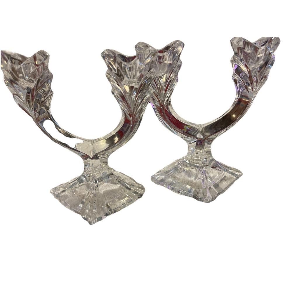 Vintage Bohemia Czech Crystal Pair Double Two Light Candleholders Candlesticks
